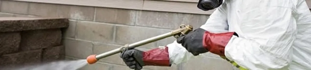 Pest control technician applying exterior insect treatment along a home foundation in Mesa, AZ
