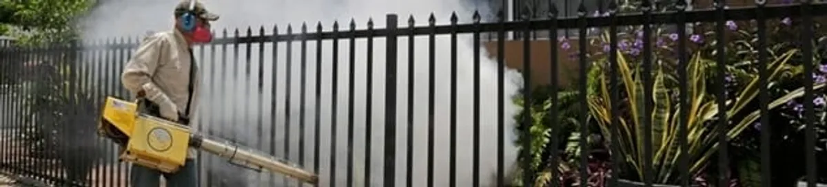 Mosquito control technician fogging a yard perimeter for mosquito reduction in Mesa, AZ